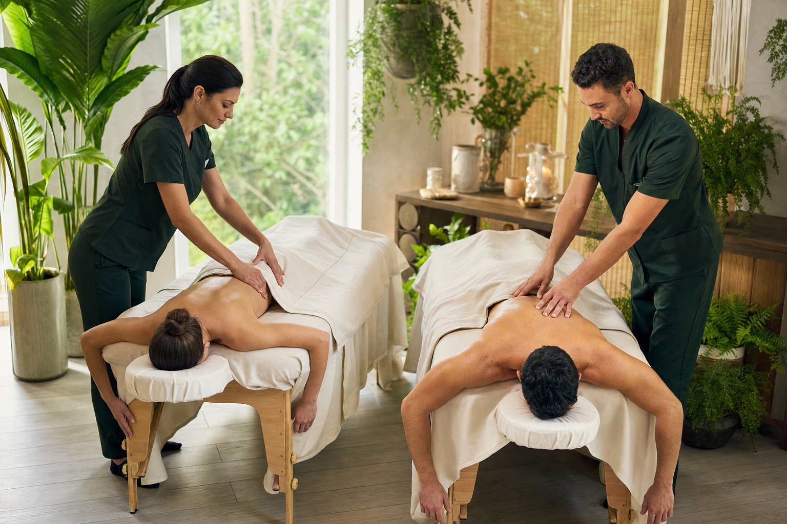 Two guests receiving a couples massage