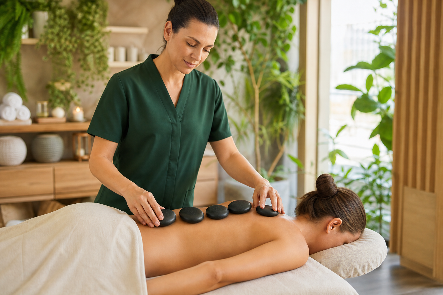 Therapist placing warm stones during a hot stone massage